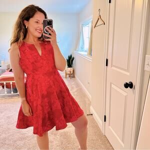 Anthropologie Eva Franco Pink Red Metallic Jacquard Fit & Flare Mini Dress 10P